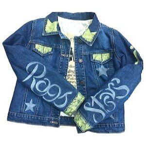 Classic kids denim jean jacket, stars, white metallic yellow hand painted sz L